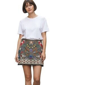 Umgee Womens Skirt Sz L Mini Embroidered Bird Floral Pom Pom Trim Boho Bohemian